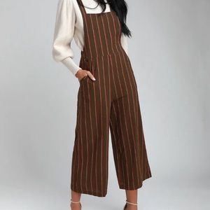 LULUS brown striped cropped wide leg overalls S